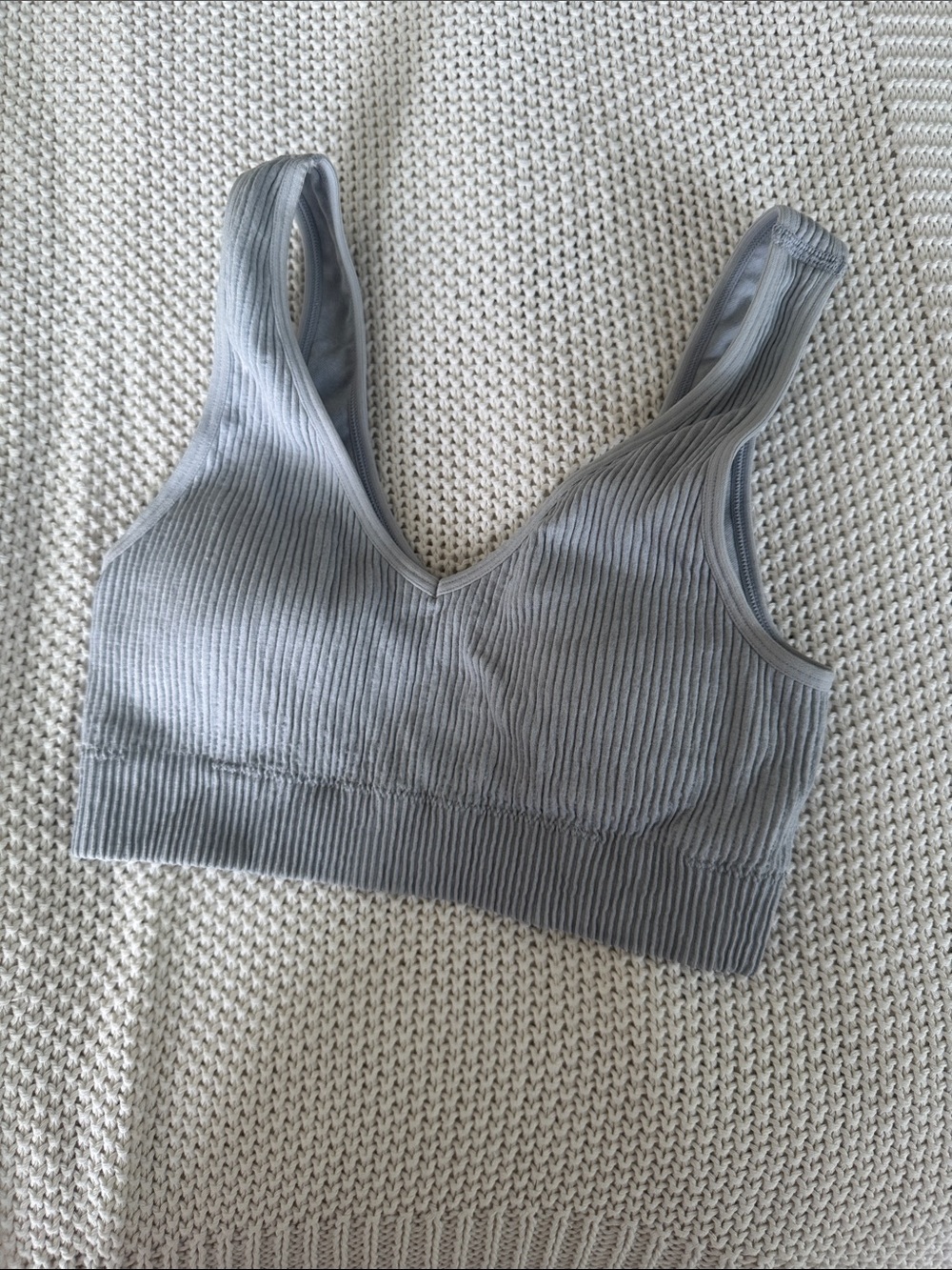 Aerie Seamless Ribbed V-Neck Bralette in Light Gray, removable padding no wire